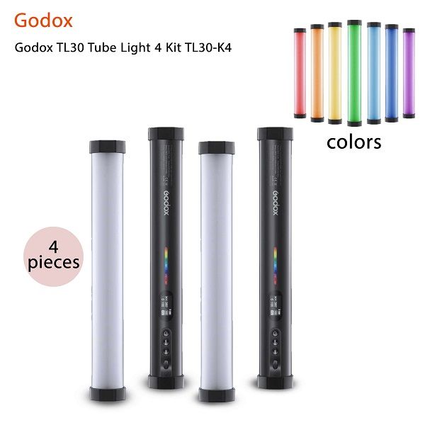 طقم إضاءة جودوكس TL30-K4 الأنبوبية (4 أضواء) | 30 سم، 2700K-6500K، تحكم RGB كامل، تثبيت مغناطيسي، حقائب مقاومة للماء ووصلات متعددة (أسود)
