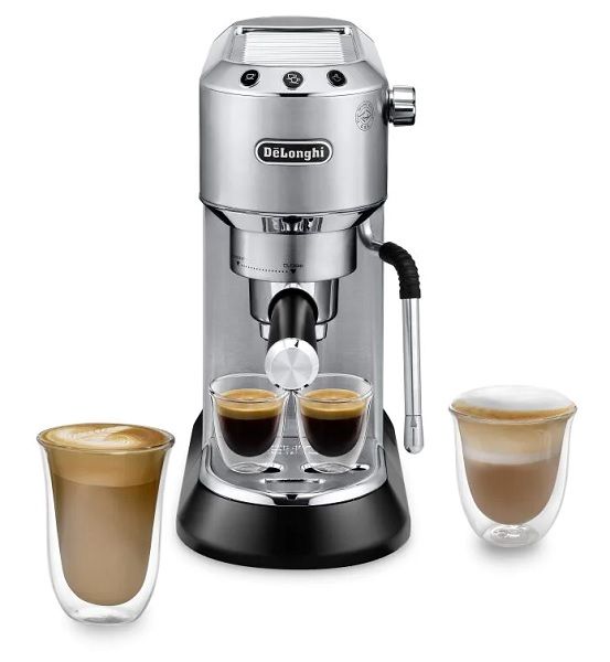 De'Longhi Dedica, Manual Coffee Machine, Barista Pump Espresso and Cappuccino Machine, Ground Coffee and ESE Pods can be used, Milk Frother for Latte Macchiato and more, 1350W, 1.1L, 15 Bar, EC885.M, Metalic