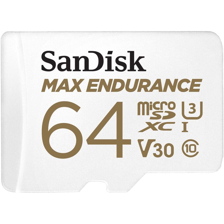 بطاقة SanDisk MAX ENDURANCE microSD سعة 64 جيجابايت + محول SD - للكاميرات المنزلية وكاميرات السيارات، حتى 30,000 ساعة، فيديوهات بدقة Full HD / 4K، تحمل فائق، سرعات قراءة/كتابة تصل إلى 100/40 ميجابايت/ثانية، C10، U3، V30، SDSQQVR-064G-GN6IA