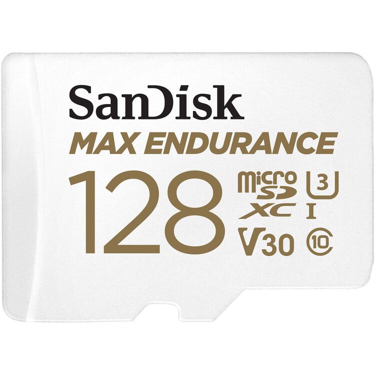 بطاقة SanDisk MAX ENDURANCE microSD سعة 128 جيجابايت + محول SD - للكاميرات المنزلية وكاميرات السيارات، حتى 60,000 ساعة، فيديوهات بدقة Full HD / 4K، تحمل فائق، سرعات قراءة/كتابة تصل إلى 100/40 ميجابايت/ثانية، C10، U3، V30، SDSQQVR-128G-GN6IA