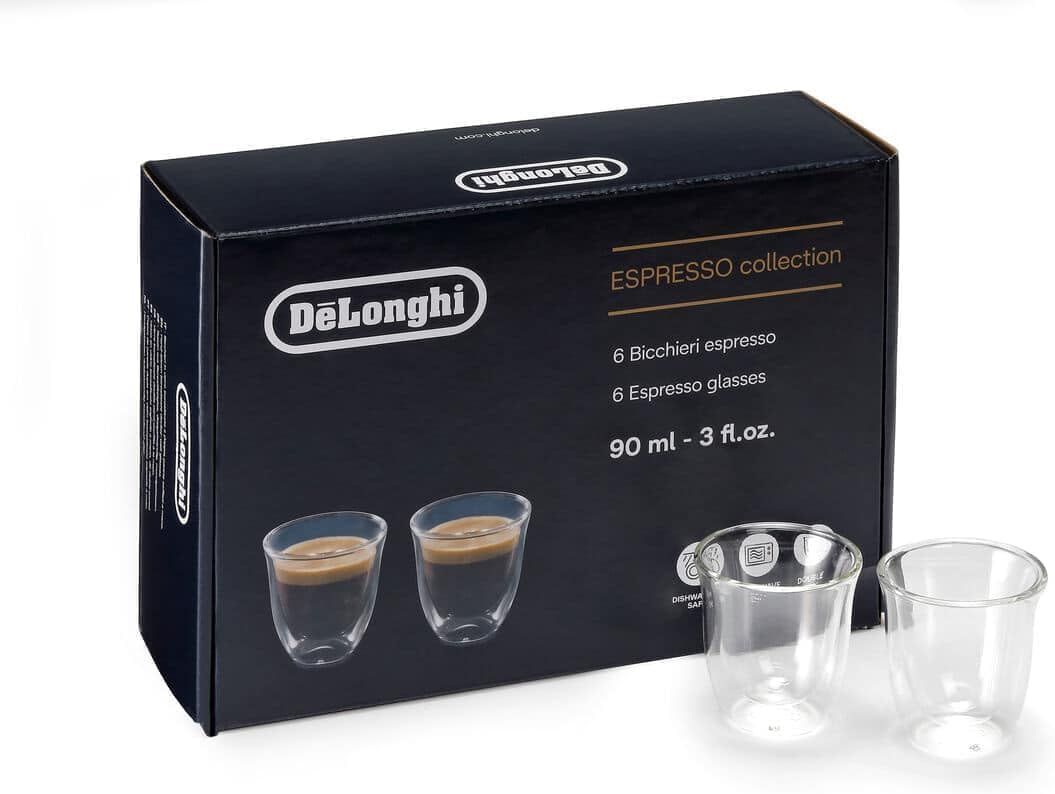 De'Longhi Espresso Collection, 90 ml Set of 6 Double Wall Glasses, Dishwasher Safe, DLSC300