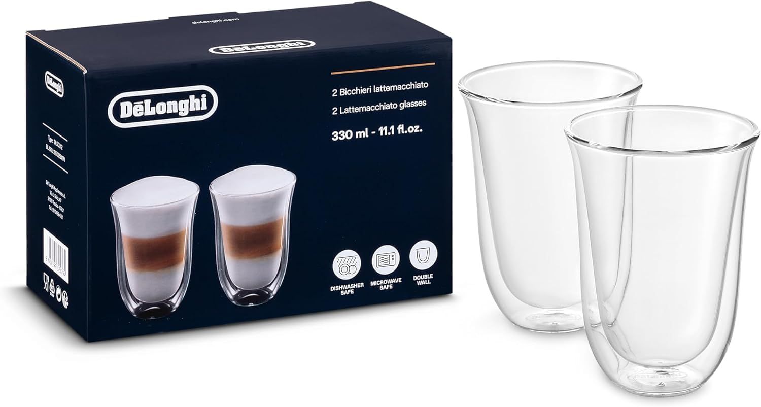 Delonghi Double Walled Thermo Latte Glasses, Set of 2, 330ml, Dishwasher safe, Microwave Safe, DLSC312