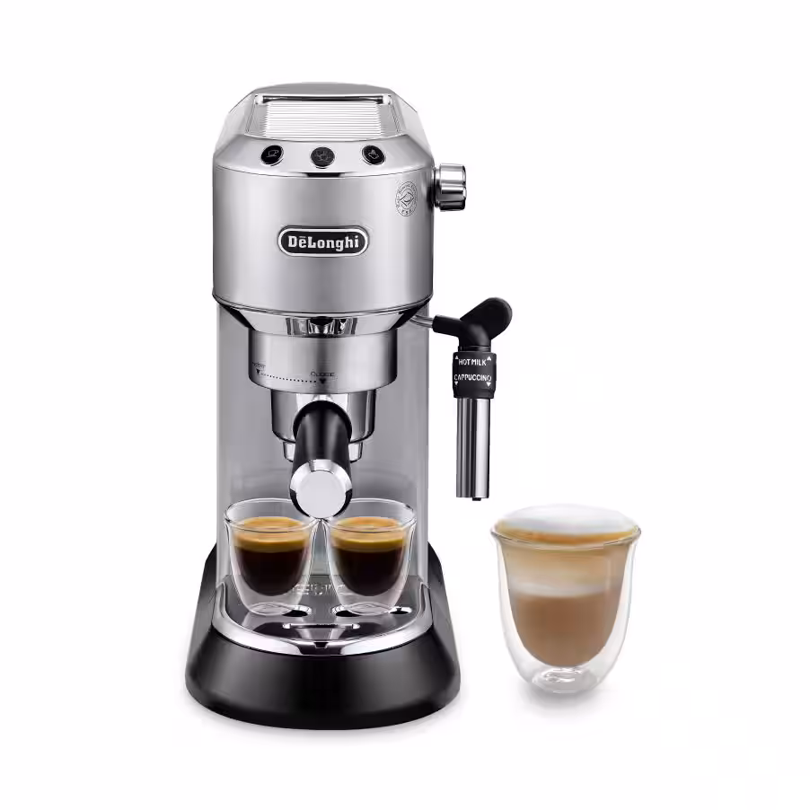 De'Longhi Dedica, Manual Coffee Machine, Pump Espresso and Cappuccino Machine, Ground Coffee and ESE Pods can be used, Milk Frother for Latte Macchiato and more, 1350W, 1.1L, 15 Bar, EC685.M, Metalic