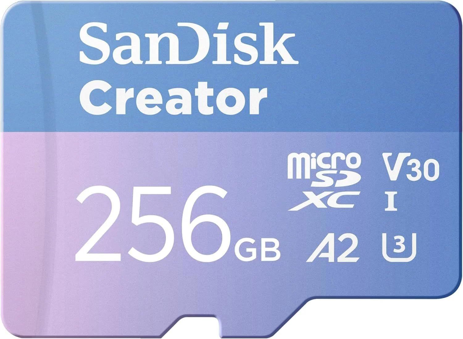بطاقة ذاكرة سانديسك كرييتور (Creator) microSDXC UHS-I سعة 256 جيجابايت – سرعة احترافية 190 ميجابايت/ثانية، V30، U3، A2 لفيديو 4K، الدرونز وكاميرات الأكشن (SDSQXAV-256G-IN6MS)
