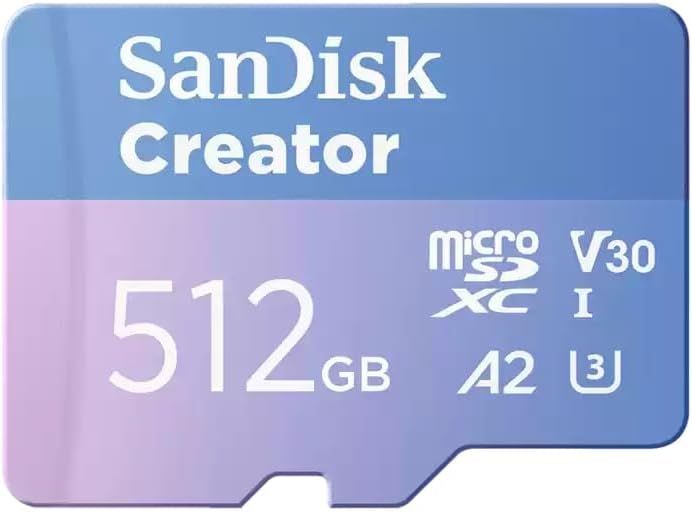 بطاقة ذاكرة سانديسك كرييتور (Creator) microSDXC UHS-I سعة 512 جيجابايت – أداء احترافي 190 ميجابايت/ثانية، V30، U3، A2 لفيديو 4K و 5.3K (SDSQXAV-512G-IN6MS)