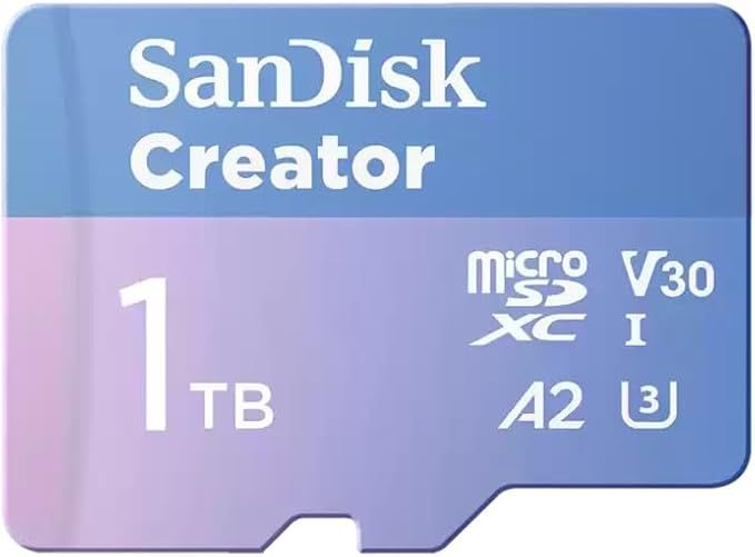 بطاقة ذاكرة سانديسك كرييتور microSDXC UHS-I سعة 1 تيرابايت – أداء عالٍ بسرعة 190 ميجابايت/ثانية، V30، U3، A2 لفيديو 4K و 5.3K (SDSQXAV-1T00-IN6MS)