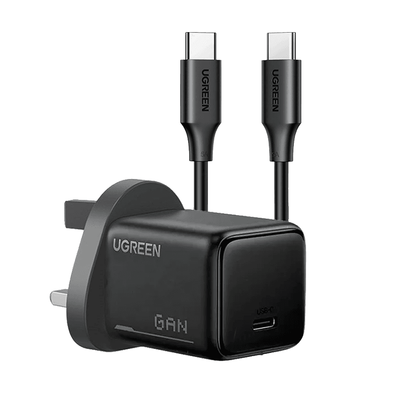 شاحن جداري من Ugreen بمنفذ USB-C بتقنية GaN، بقدرة 25 واط، يدعم الشحن السريع بتقنية مع سلك ، 75956، لون أسود