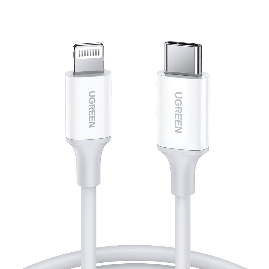 كابل شحن يوجرين USB-C إلى Lightning، بطول 1 متر، 60 واط، يشحن أسرع بمرتين مع دعم MFi، شحن سريع بتقنية PD بقوة 3 أمبير، رقم الموديل 10493، لون أبيض