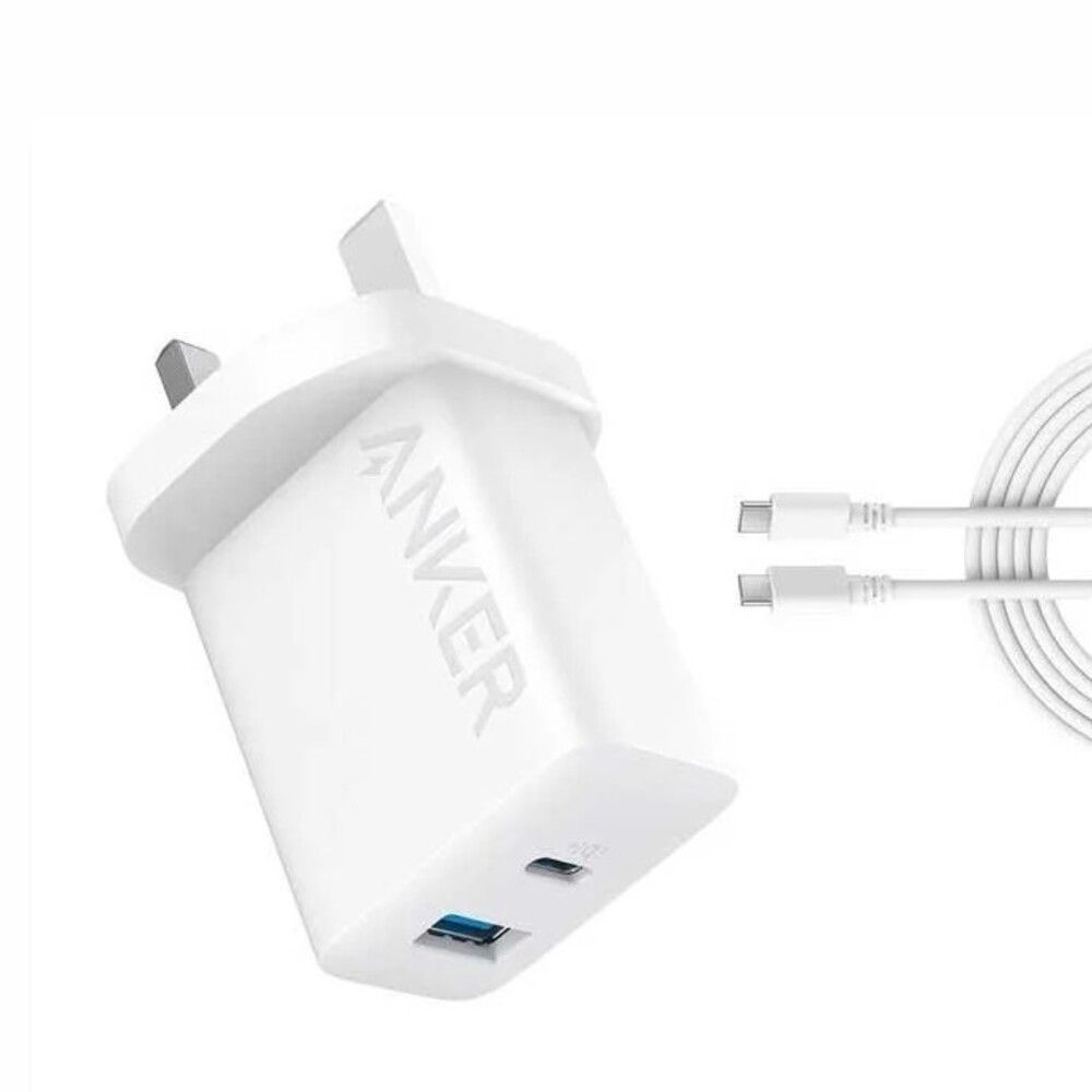 شاحن جداري أنكر بقوة 20 واط مزود بمنافذ Type-C و USB وكابل Type-C بطول 1.5 متر، شاحن عالي السرعة بمنفذين، مزود بتقنية ActiveShield للحماية، B2348K21SC، أبيض