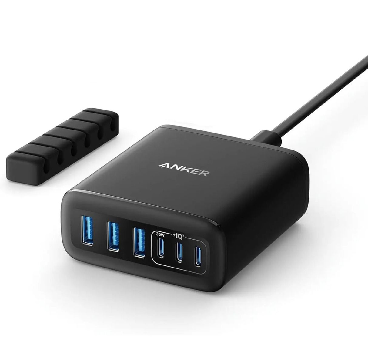 منصة شحن انكر بقوة 112 واط، شاحن USB-C ب 6 منافذ، شاحن USB بمقبس ثلاثي الأطراف، منظم كابلات، أمان فائق مع نظام حماية متعدد، A2154K11، أسود