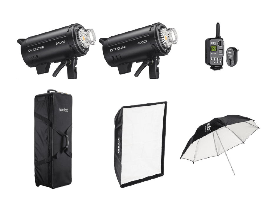 مجموعة فلاش استوديو Godox الاحترافية، 2x فلاش احترافي DPIIIV، وملحقات متنوعة، DP1000IIIV KIT، أسود