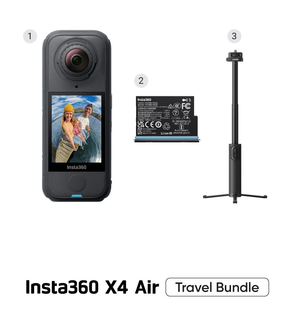 كاميرا إنستا360 X4 Air، باقة السفر، كاميرا خفيفة الوزن 165 غرام بدقة 8K بزاوية 360 درجة، عصا سيلفي غير مرئية، عدسات قابلة للاستبدال، مثبت فلو ستيت، CINSAAFA-SE30، أسود