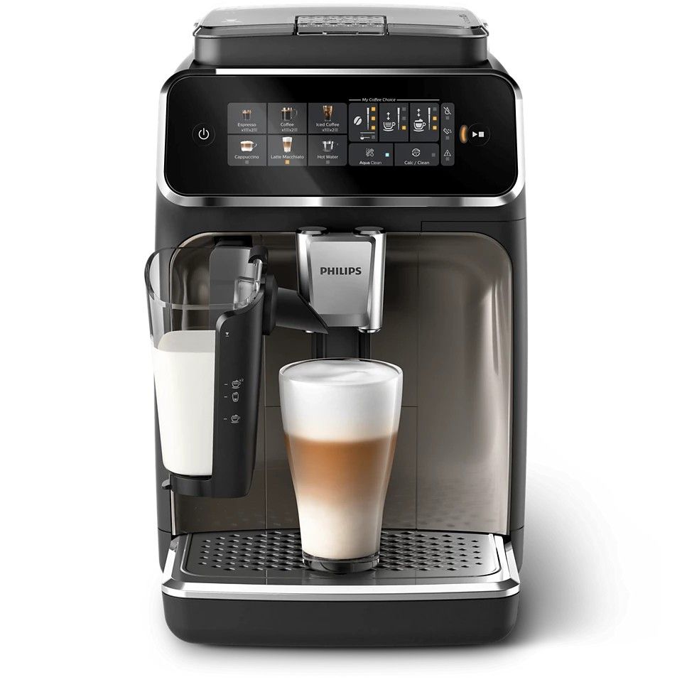 Philips Fully Automatic Coffee Machine Series 3300, LatteGo, SilentBrew, Coloured Touch Display, 12 Grinder Settings, EP3347/23, Black Chrome