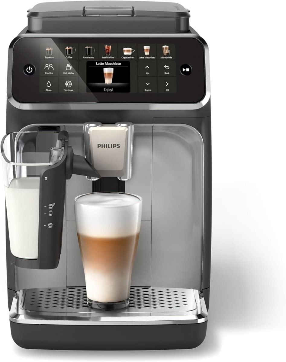 Philips Fully Automatic Coffee Machine Series 4400, 12 Beverages, LatteGo, SilentBrew, Intuitive Display, 2 User Profiles, 12 Settings for Ceramic Grinder, EP4446/23, Black Silver