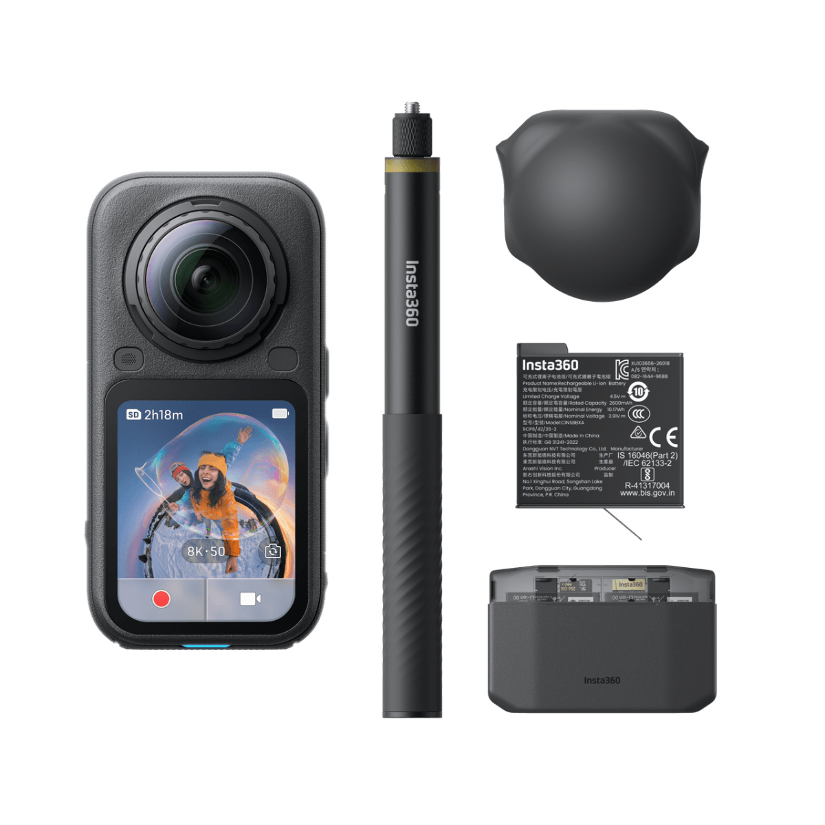 إنستا 360 - X6، حزمة أساسية، دقة 8K 360 حتى 50 إطارًا في الثانية، وضع PureVideo AI للإضاءة المنخفضة، تسجيل لمدة 140 دقيقة، INST-CINSABXA-X603، أسود