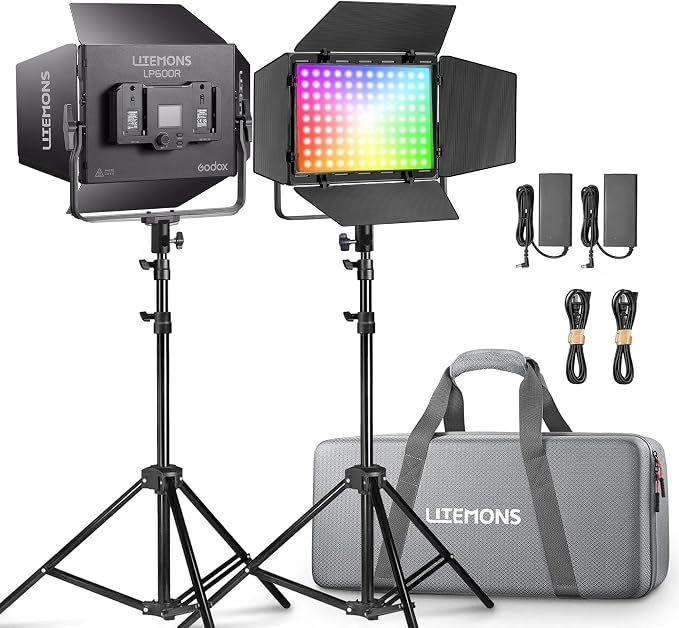 طقم إضاءة جودوكس ليتيمونز LP400R-K2 ثنائي اللوحات RGB | قوة 2×40 واط، 1800K-10,000K، دقة CRI 96، مع حاملين وحقيبة حمل احترافية, أسود