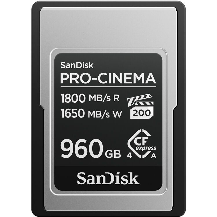 بطاقة SanDisk PRO-CINEMA CFexpress من النوع A بسعة 960 جيجابايت، سرعة قراءة تصل إلى 1800 ميجابايت/ثانية، وسرعة كتابة تصل إلى 1650 ميجابايت/ثانية، SDCFEA-960G-GN4NN