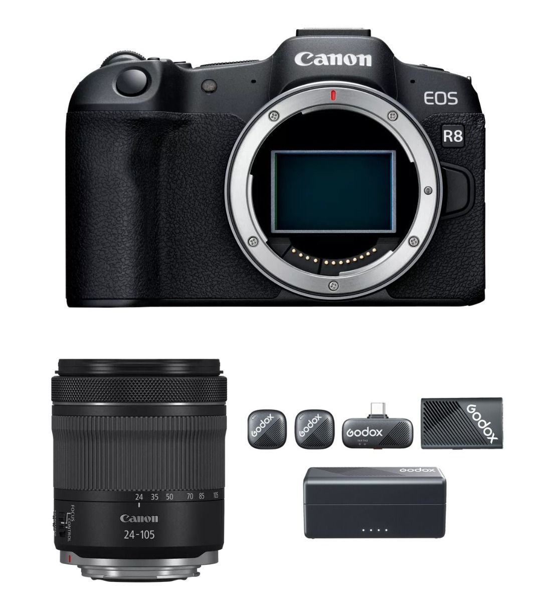 Canon EOS R8 Mirrorless Camera with RF 24-105mm F4-7.1 IS STM Lens, 24.2MP Full-Frame CMOS Sensor + Free Gift Godox Wireless Microphone System Combo Kit2 for 2-Person, CUBE-C-COMBO-KIT2