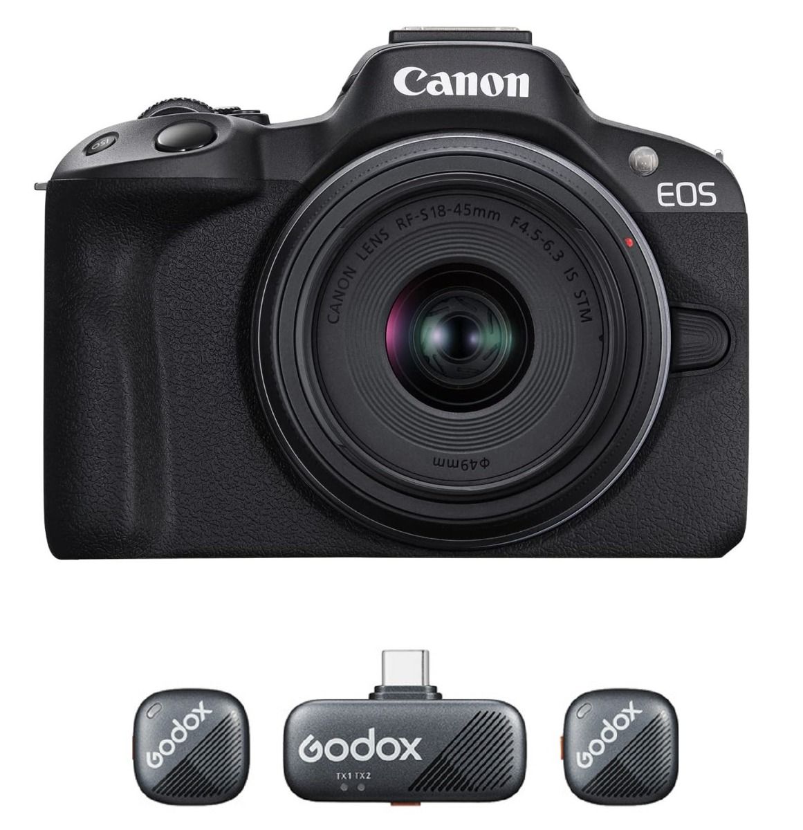 Canon EOS R50 Mirrorless Camera with RF-S18-45mm F4.5-6.3 IS STM Lens Kit, 4K Video, EOSR50-18-45 + Free Gift Godox Cube-S 2-Person Wireless Microphone Kit2 2.4G, CUBE-SC-KIT2