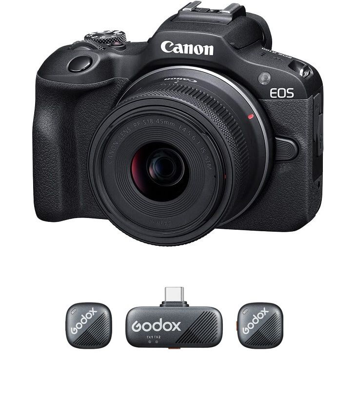 Canon EOS R100 Mirrorless Camera with RF-S 18-45mm F4.5-6.3 IS STM Lens, EOSR100-18-45 + Free Gift Godox Cube-S 2-Person Wireless Microphone Kit2 2.4G, CUBE-SC-KIT2