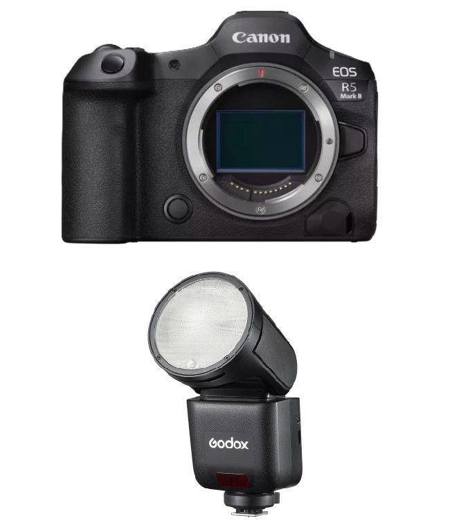 Canon EOS R5 Mark II EOSR5MKIIB, Body Only + Free Gift Godox Flash for Canon Camera, 2W Round Head Speedlite with Touchscreen, V1-MID-C
