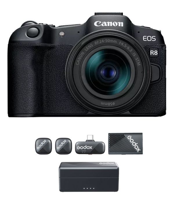 Canon EOS R8 Camera with RF24-50mm F4.5-6.3 IS STM Lens, EOSR8-24-50 + Free Gift Godox Wireless Microphone System for 2-Person, CUBE-C-COMBO-KIT2