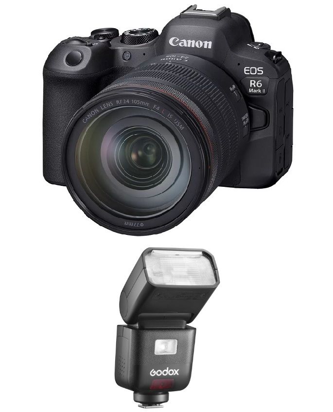 Canon EOS R6 Mark II RF24-105mm Lens Kit + Free Gift Godox Ving TTL On-Camera Flash for Canon, Black, V480C
