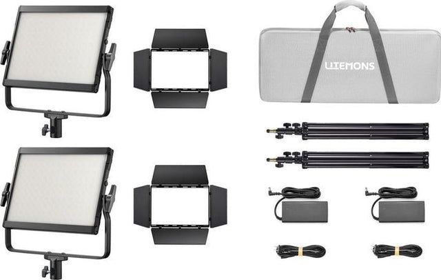طقم إضاءة جودوكس ليتيمونز LP1200R-K2 ثنائي اللوحات RGB | قوة 2×120 واط، 1800K-10,000K، دقة CRI 96، مع حاملين وحقيبة حمل احترافية, أسود
