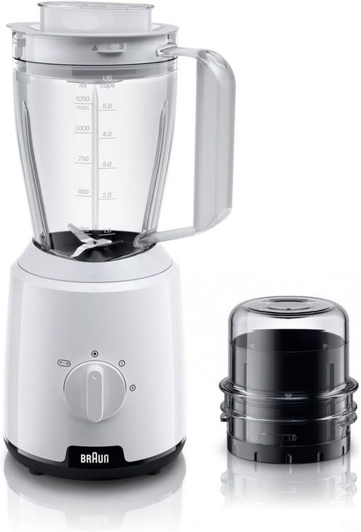 Braun Blender, 600W, 2 Speeds, Pulse Function, 1.5L Mixing Capacity, 0.150L Chopper, Ice Crush, Steel Knife, Dishwasher Safe, JB1015WH, White