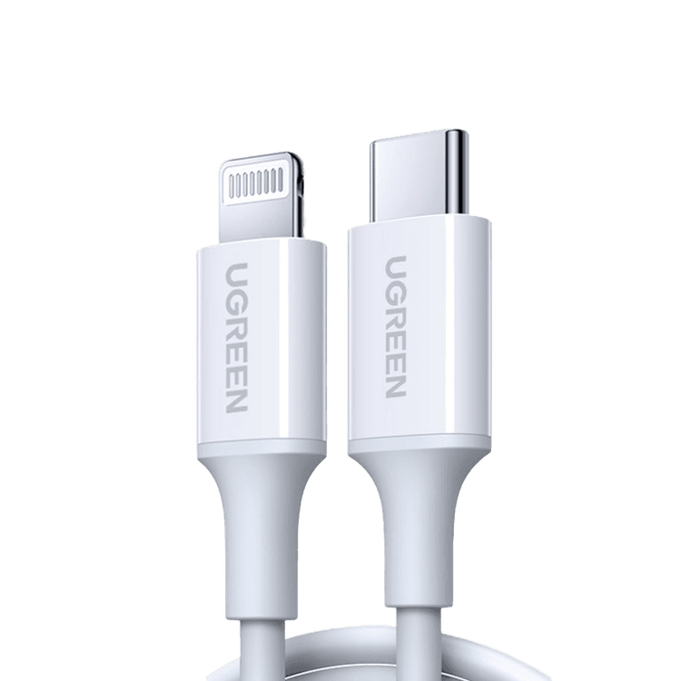 سلك شاحن يوجرين من نوع USB-C إلى لايتنينج، بطول 2 متر، معتمد من MFi، يدعم الشحن السريع PD، غلاف مطاطي، رقم الموديل 60749، لون أبيض