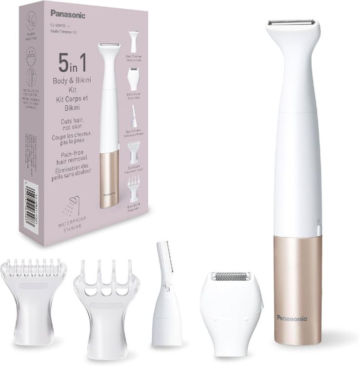Panasonic 5-in-1 Multi Trimmer Body & Bikini Zone, Hair Remover for Women, Women's Razor, 5 Attachments, IPX7 Waterproof, Wet & Dry, Battery Operated (1 x AA Required), ES-WM31-P262, White Gold