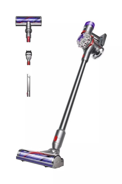 مكنسة Dyson V8 المتطورة اللاسلكية، بقوة 130 واط، تتحول إلى جهاز محمول باليد، تحتوي على 43 شفرة لإزالة الشعر، فلترة محكمة بالكامل، باللون الرمادي والبنفسجي