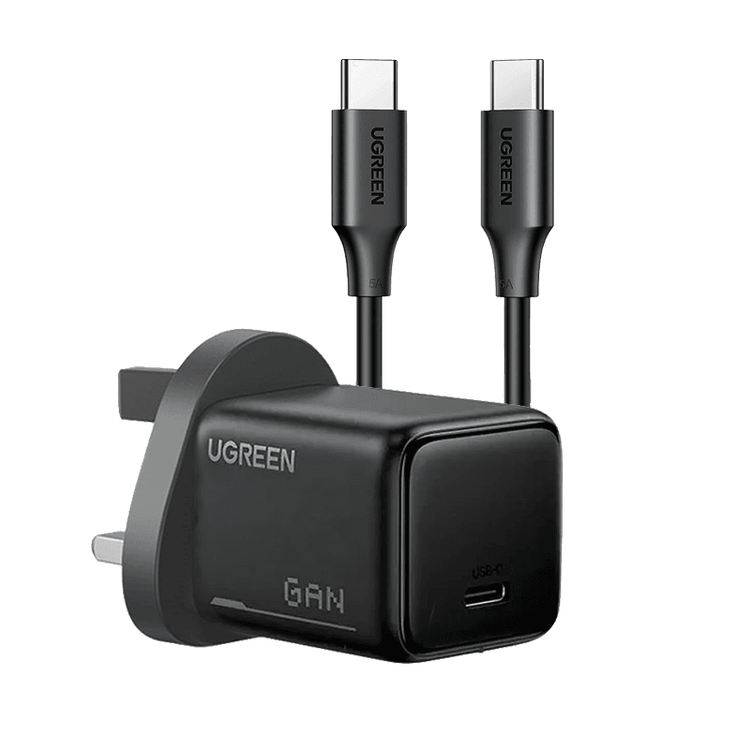 شاحن جداري من Ugreen بمنفذ USB-C بتقنية GaN، بقدرة 25 واط، يدعم الشحن السريع بتقنية مع سلك ، 75956، لون أسود