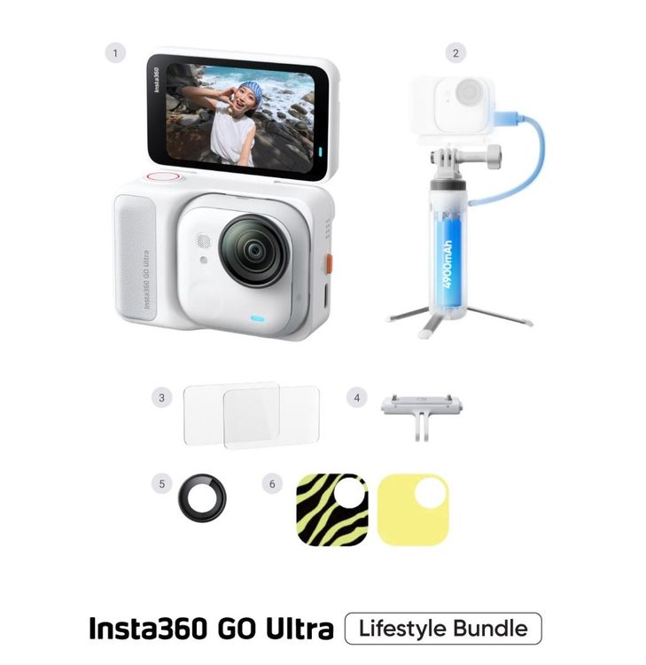 إنستا360 GO Ultra، باقة نمط الحياة، كاميرا تصوير فيديو صغيرة بدقة 4K، تصوير بدون استخدام اليدين، كاميرا POV، مستشعر 1/1.28 بوصة، وزن خفيف 53 غرام، كاميرا حركة مغناطيسية قابلة للارتداء، CINSABEA-GOULTRA85، أبيض