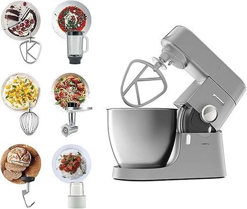 Kenwood Kitchen Machine, Metal Body, 1200W, 6.7L Steel Bowl, K-Beater, Whisk, Dough Hook, Glass Blender, Meat Grinder, Multi Mill, KVL4230S, Silver