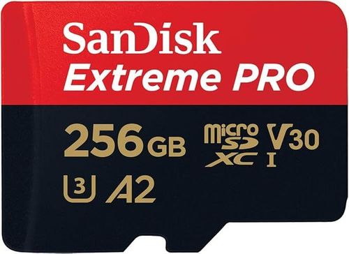 بطاقة سانديسك إكستريم برو microSD UHS I سعة 256 جيجابايت لفيديو 4K على الهواتف الذكية وكاميرات الحركة والطائرات بدون طيار، سرعة قراءة 200 ميجابايت/ثانية، وسرعة كتابة 140 ميجابايت/ثانية، ضمان مدى الحياة.
