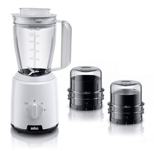 Braun Blender, 600W, 2 Speeds, Pulse Function, 1.5L Mixing Capacity, 0.150L Chopper, 0.150L Grinder, Ice Crush, Steel Knife, Dishwasher Safe, JB1023WH, White