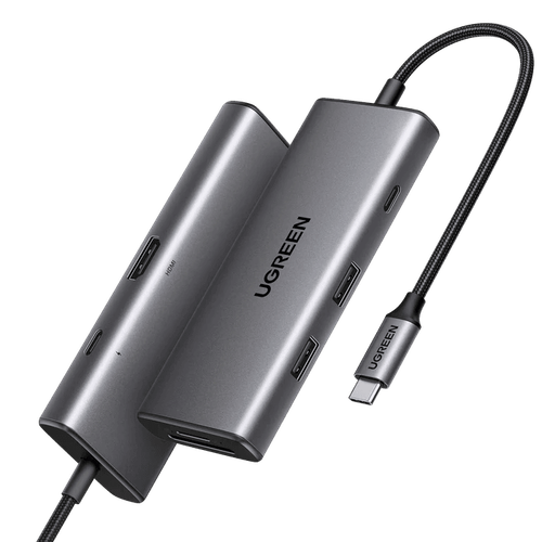 يوجرين موزع ريفودوك برو 107، 7 في 1، منفذ USB-C، محول إيثرنت جيجابت، منفذ HDMI بدقة 4K، شحن سريع بقوة 100 واط، 15598، رمادي