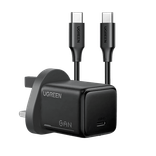 Ugreen Wall Charger GaN USB-C Port, 25W PD Tech with Cable, Quick Charge, 75956, Black